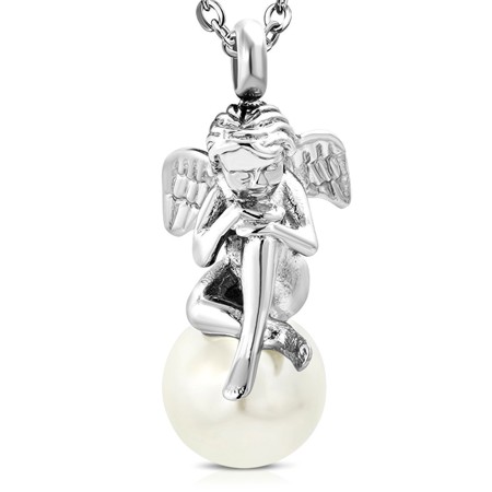 Steel Cherub Angel on White Pearl Pendant - Click Image to Close